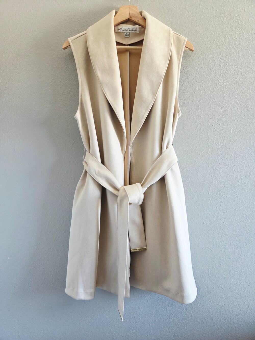 Kenneth Cole Faux Suede Long Sleeveless Coat / Duster Vest Medium Beige